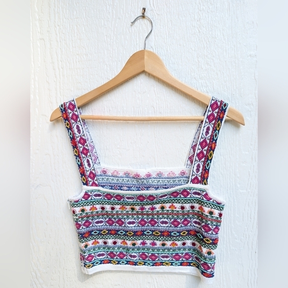 Zara Knit Tribal Beaded Crop Tank Top Boho Festival Summer Women's Size Small - Picture 7 of 7